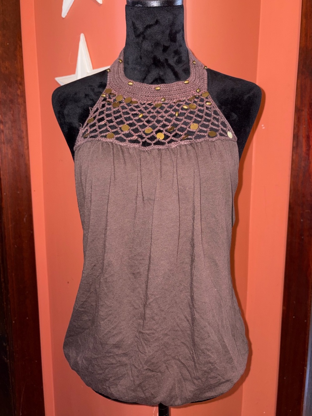 Decree-Y2K Crochet Yoke Halter Tank Top - Brown